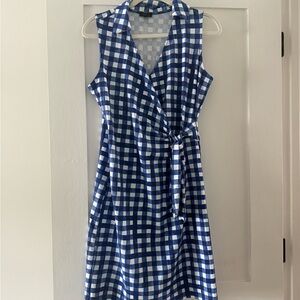 Blue and White Gingham Sleeveless Wrap Midi Dress